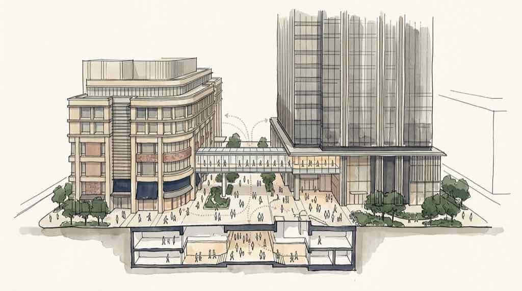 既存のコレド日本橋の建物と新しいタワーが低層階でつながるイメージを示した説明図