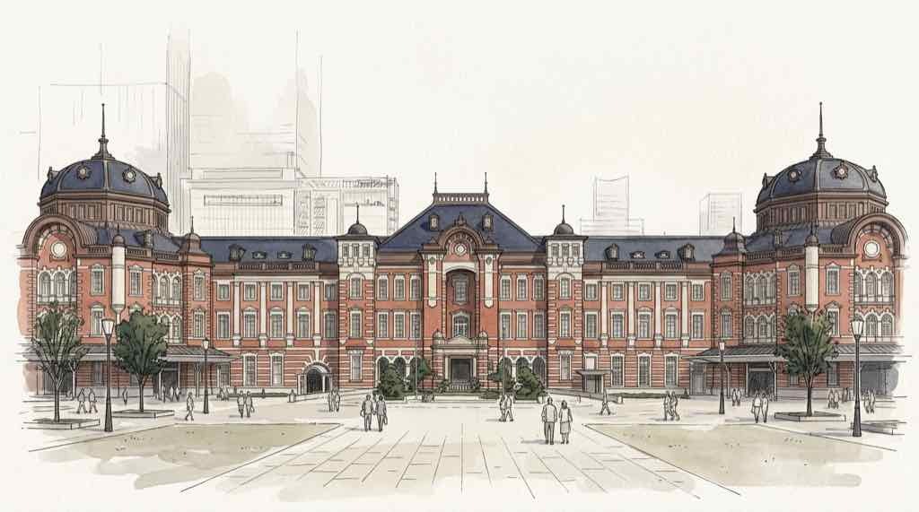 東京駅丸の内駅舎の赤レンガ外壁を描いたスケッチ。東京駅のレンガは本物かを見比べる入口