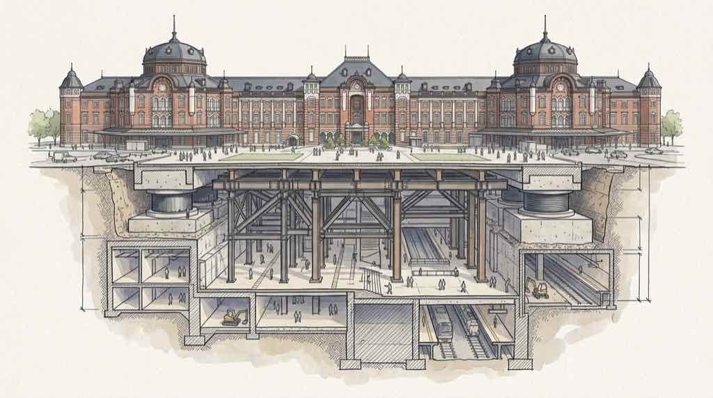 東京駅の仮受けで荷重を支えながら地下に免震層を作る工事を示した一般向けの建築断面イラスト