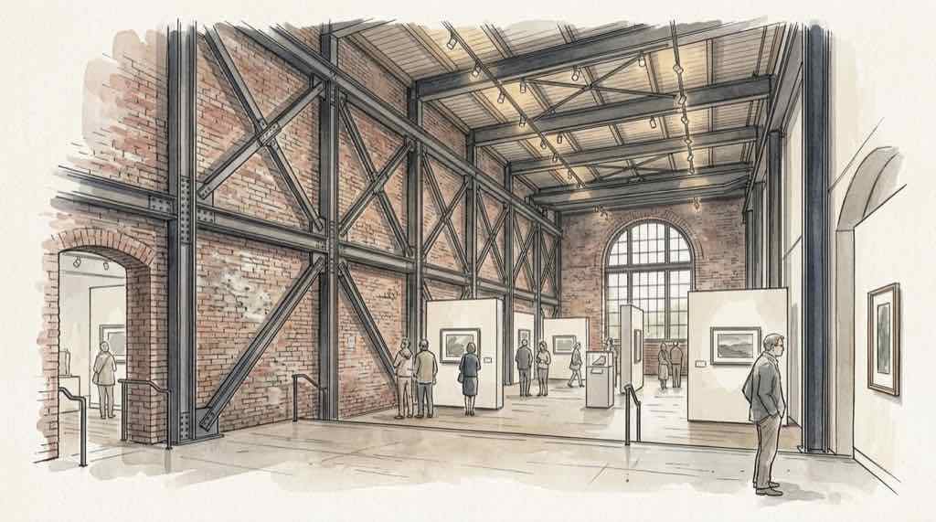 東京ステーションギャラリー内で見られる創建時の赤レンガ壁と補強鉄骨が並ぶ展示室の水彩スケッチ