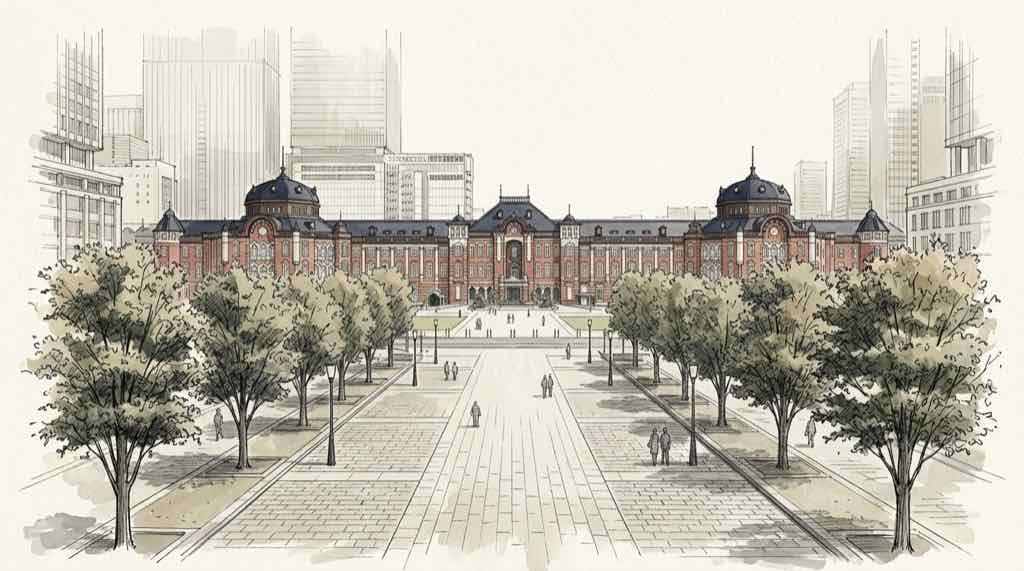 皇居から続く行幸通りの正面に左右対称で立つ東京駅丸の内駅舎を遠景でとらえた水彩スケッチ